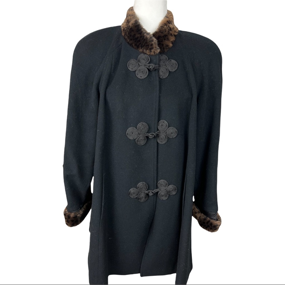 Vintage Lorovi Petite Medium Swing Coat Black Wool Lined Faux Fur
